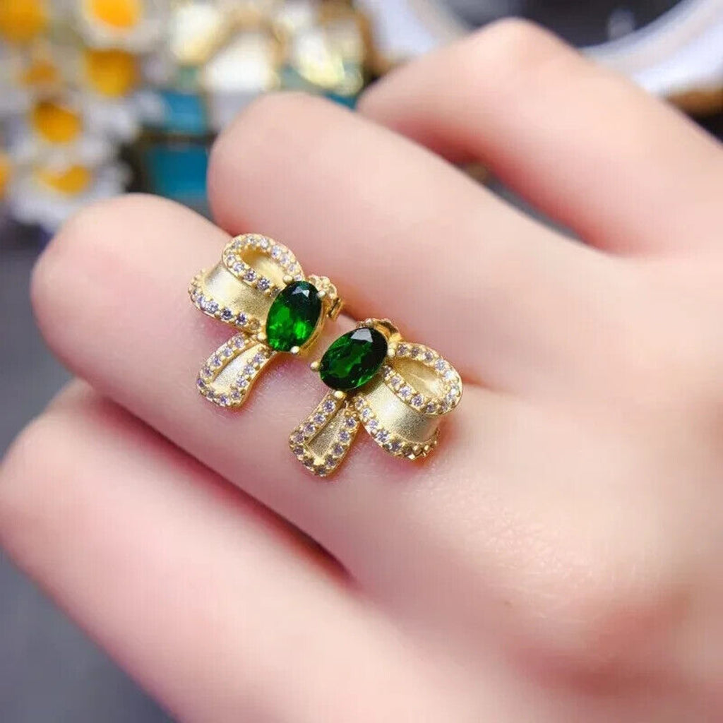 Chrome Diopside Bowknot Stud Earrings, Chrome Diopside Gold Stud Earrings 4x6mm