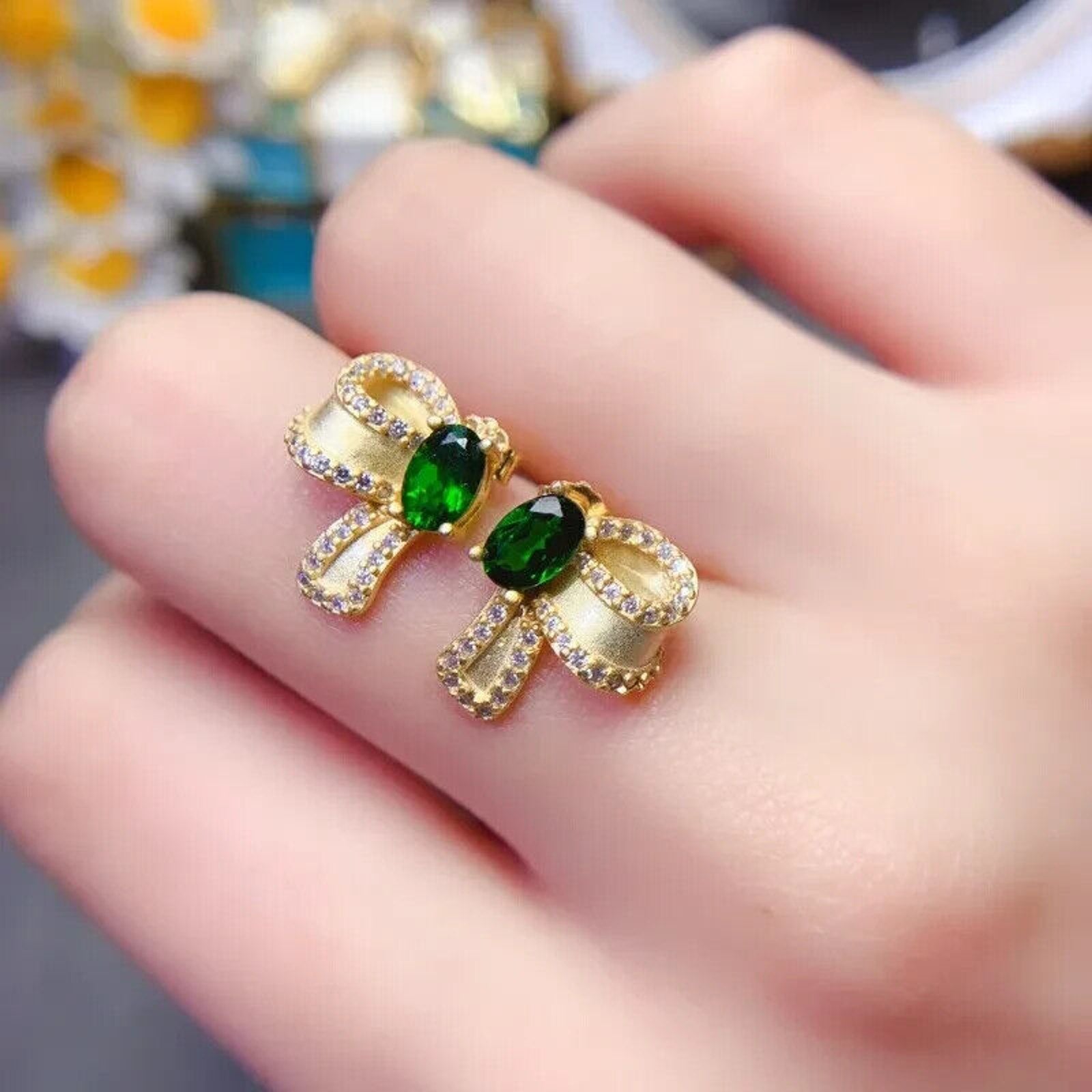 Chrome Diopside Bowknot Stud Earrings, Chrome Diopside Gold Stud Earrings 4x6mm