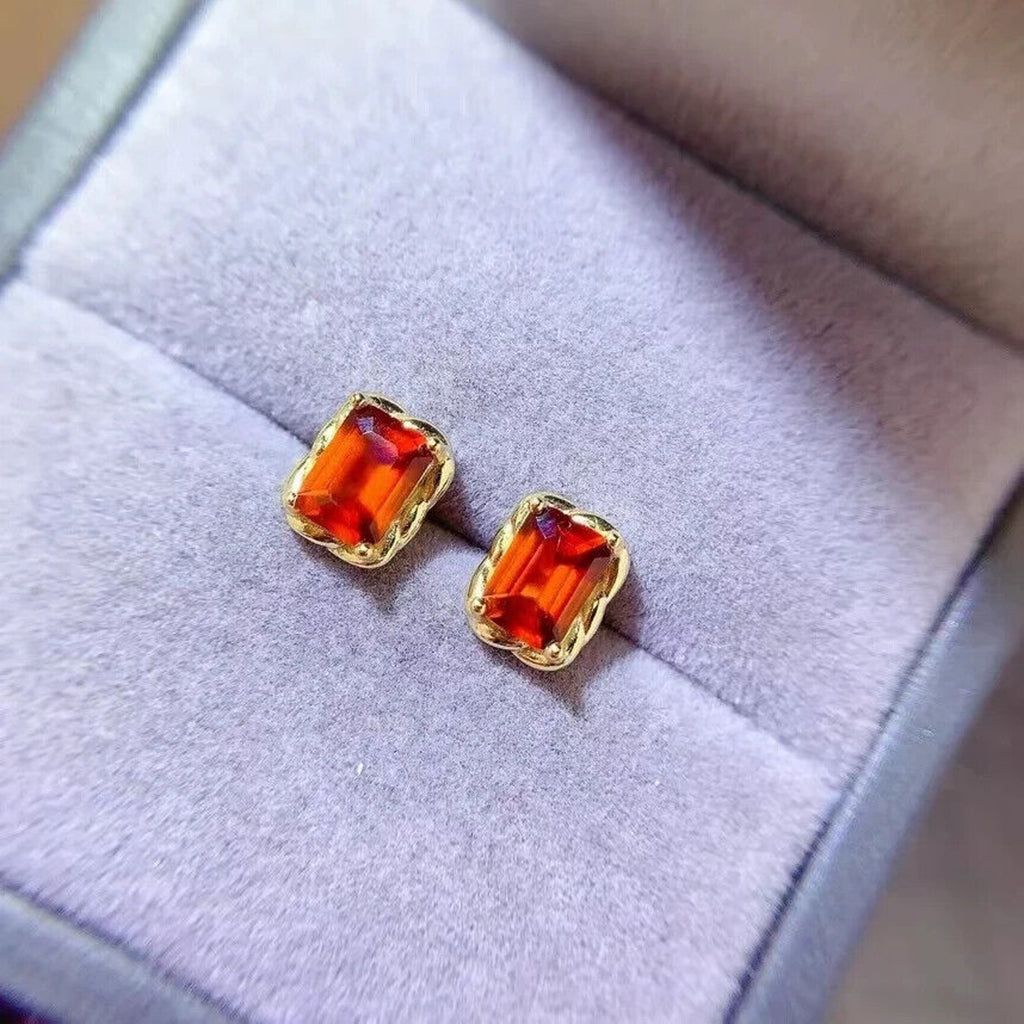 Natural Orange Garnet Stud Earrings 5x7mm Platinum Plated