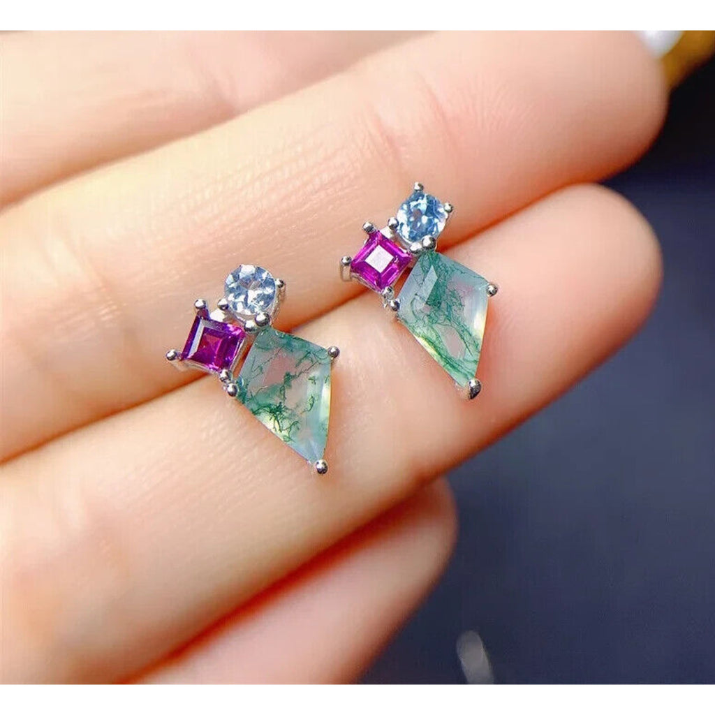 Natural Moss Agate Stud Earrings 925 Sterling Silver