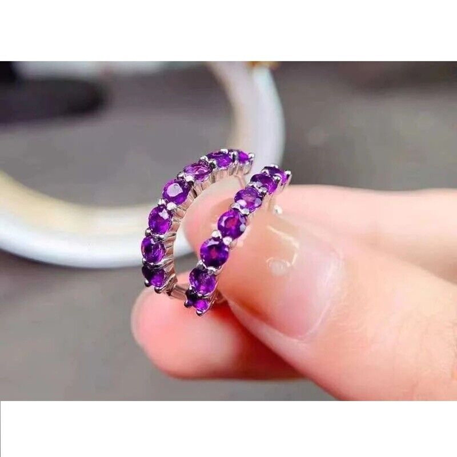 Natural Amethyst Hoop Earrings Platinum Plated 3mm, Amethyst Earrings Silver