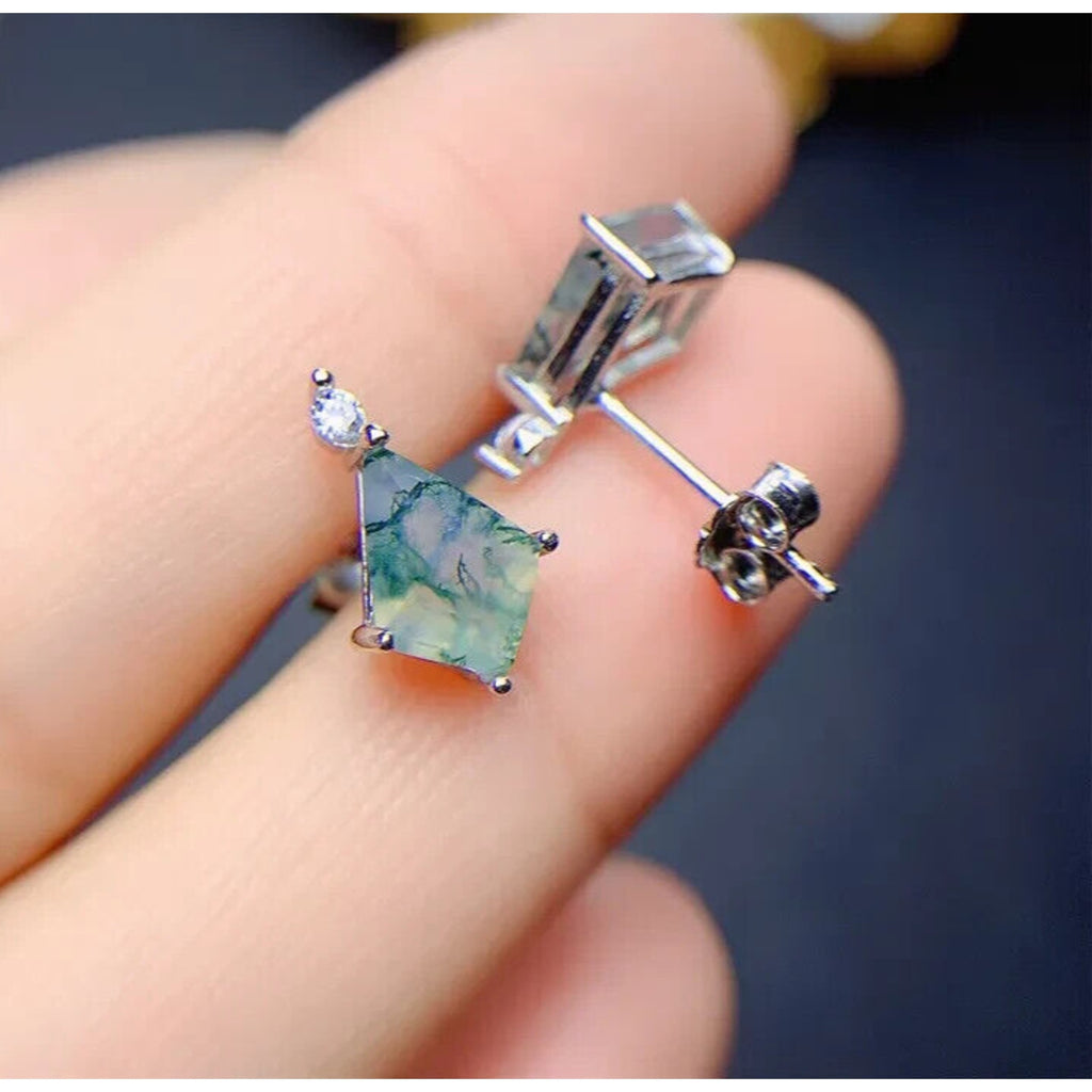Natural Moss Agate Stud Earrings, Women's Moss Agate Jewelry Sterling Silver