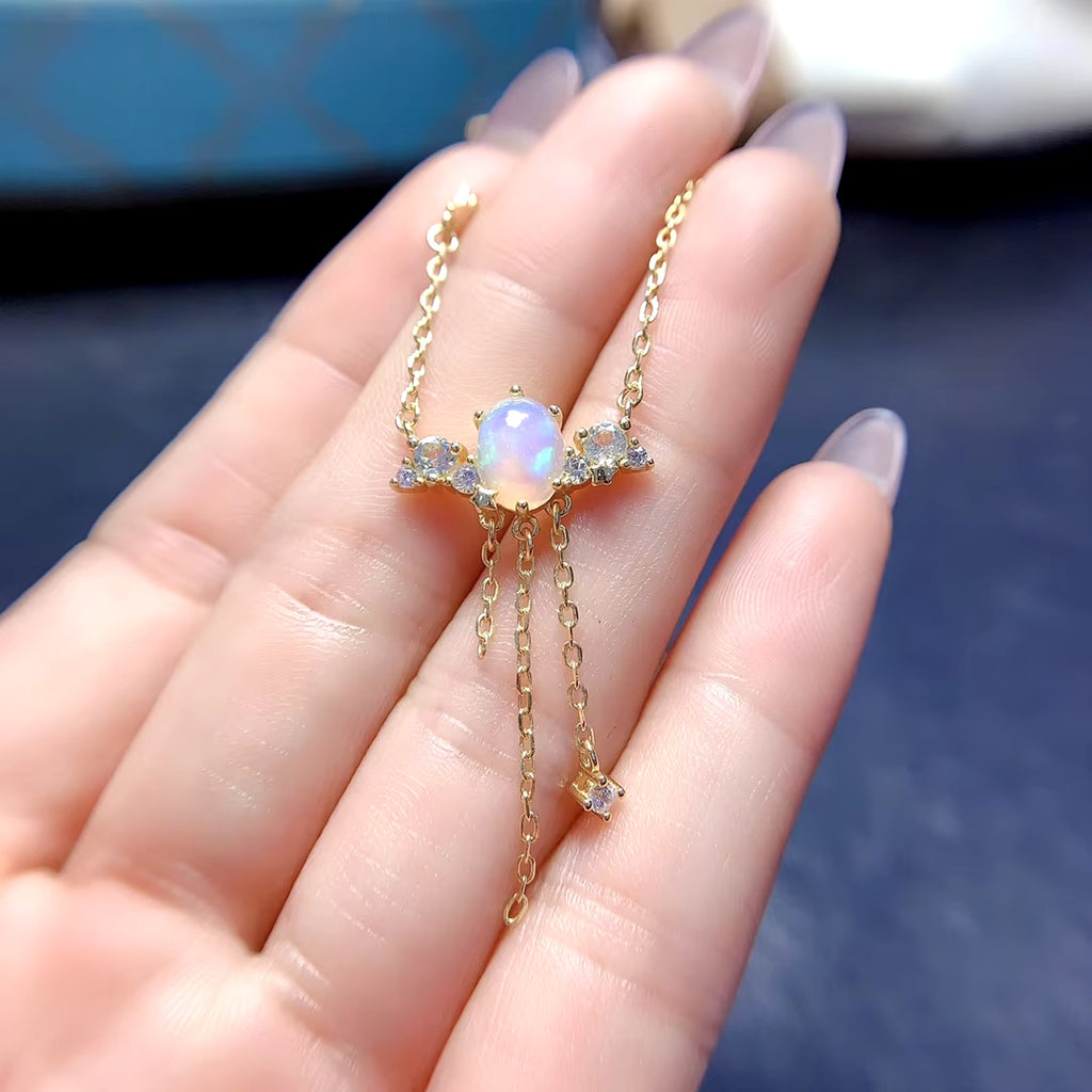 Natural Fire Opal Charm Necklace 5x7mm Sterling Silver Opal Necklace