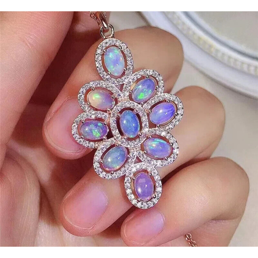 Natural Fire Opal Pendant Necklace, Large Fire Opal Cluster Pendant Sterling