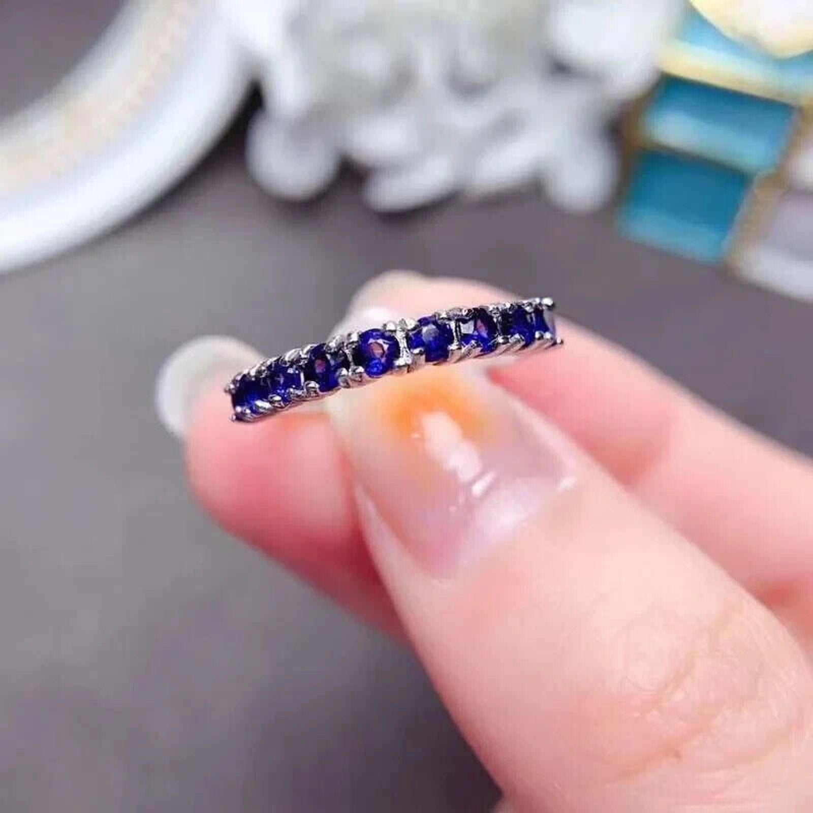 Women's Blue Sapphire Band Ring, Natural Sapphire Band Ring Half Eternity Ring