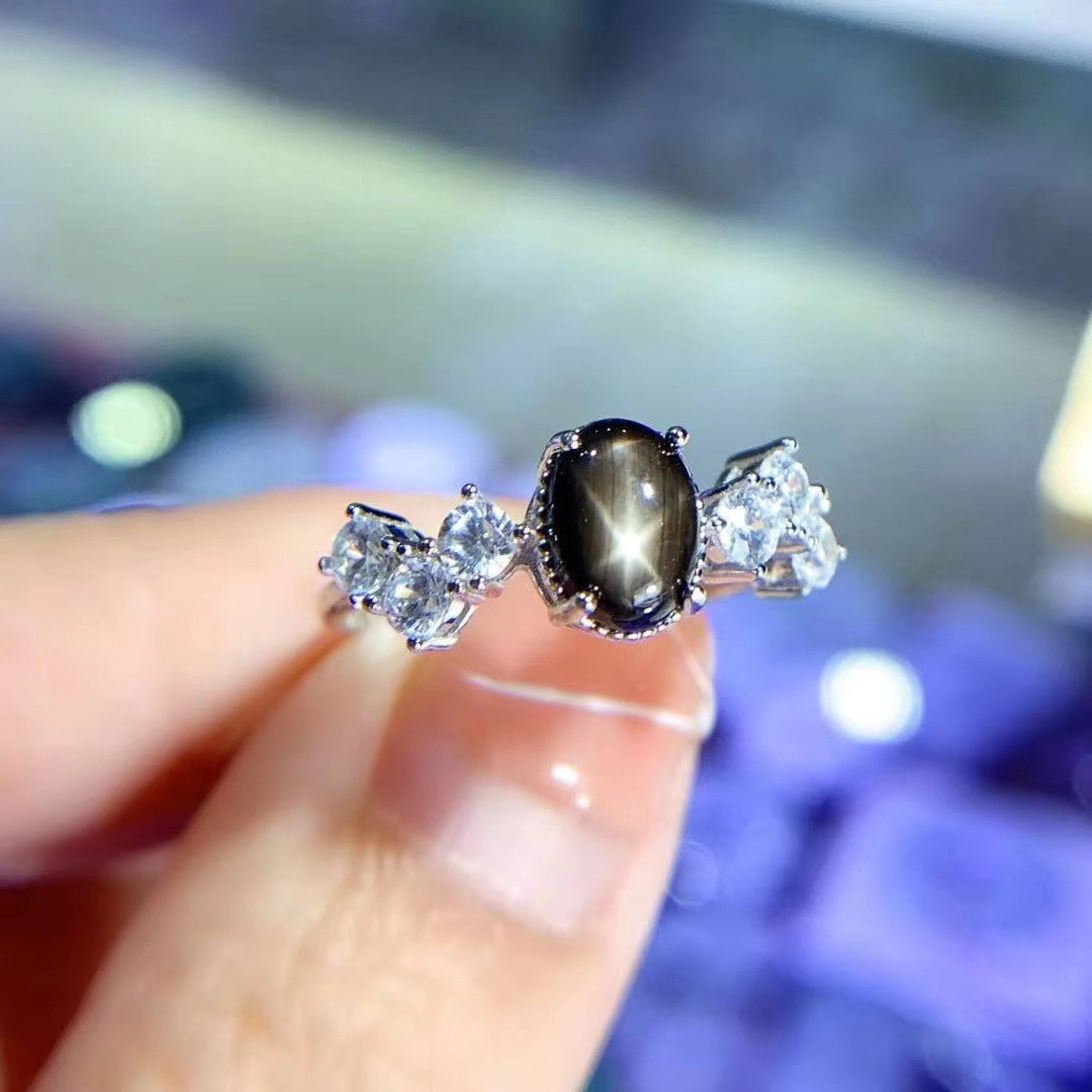 Star Sapphire, Natural Star Sapphire Ring, Star Light Sapphire Ring 6x8mm