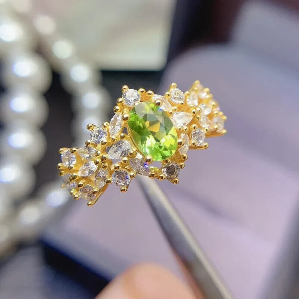 Natural Peridot Gemstone Statement Ring 5x7mm, August Birthstone Peridot Ring