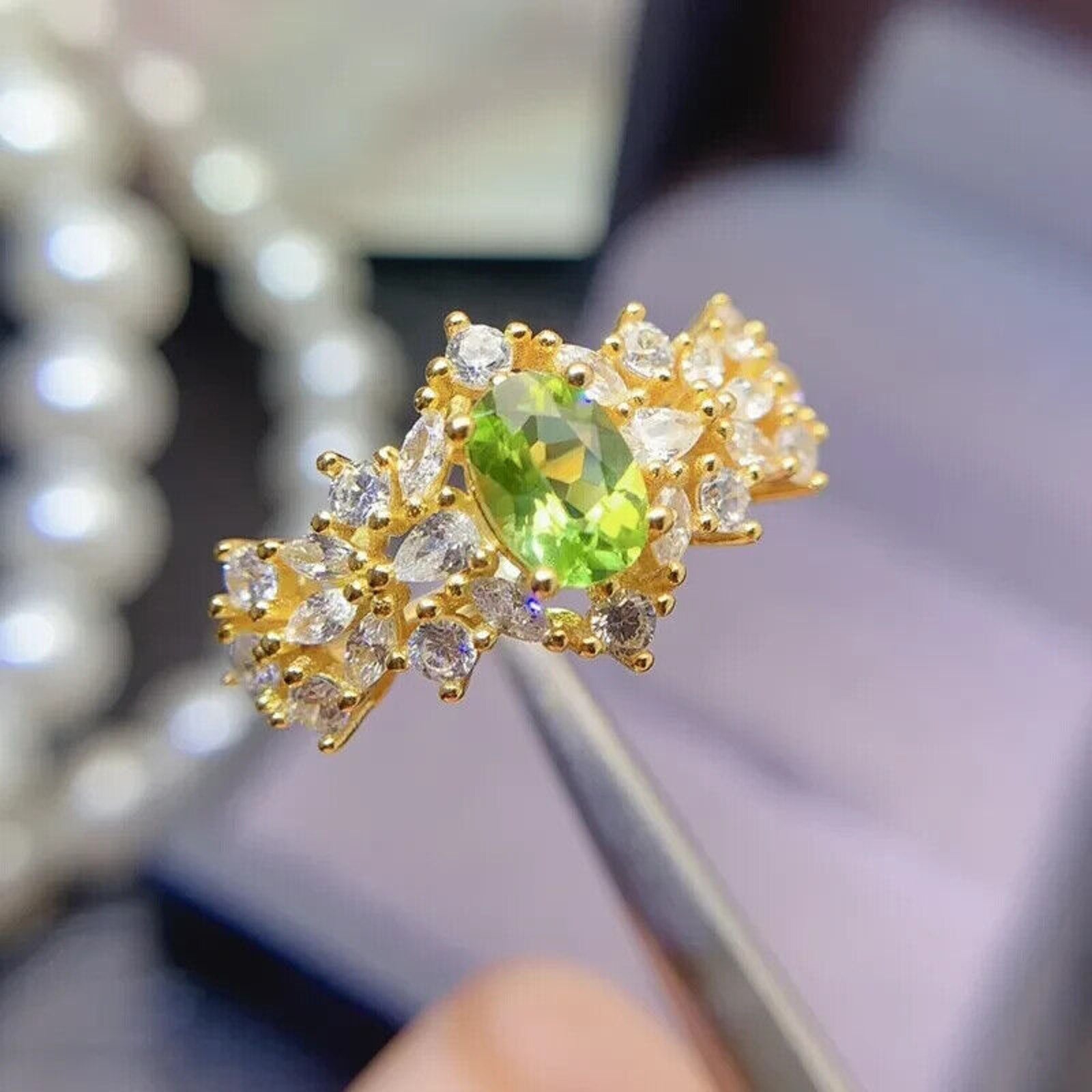 Natural Peridot Gemstone Statement Ring 5x7mm, August Birthstone Peridot Ring