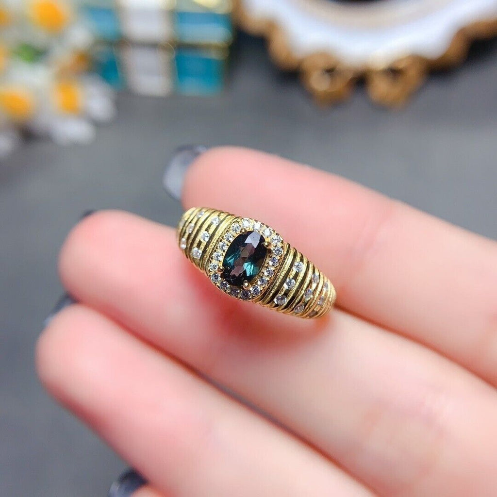 Green Tourmaline Band Ring, Natural Green Tourmaline Gemstone Ring Silver