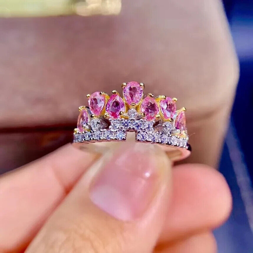 Natural Pink Sapphire Crown Ring, Sapphire Ring 18k White Gold Plated