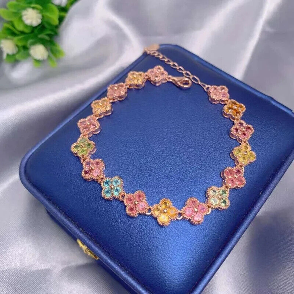 Natural Tourmaline Tennis Bracelet Rose Gold, Tourmaline Flower Bracelet