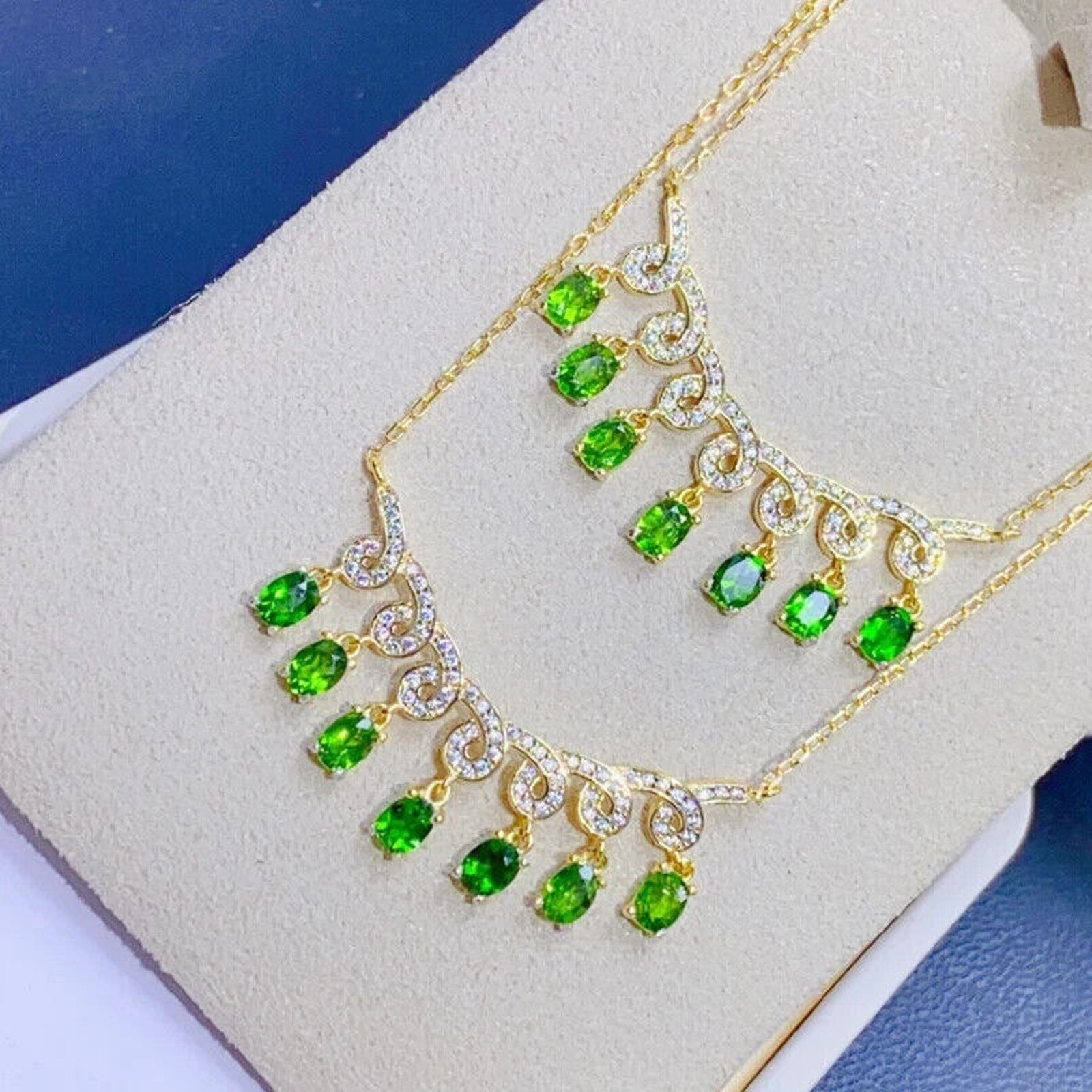 Natural Diopside Gemstone Charm Necklace, Chrome Diopside Necklace Sterling