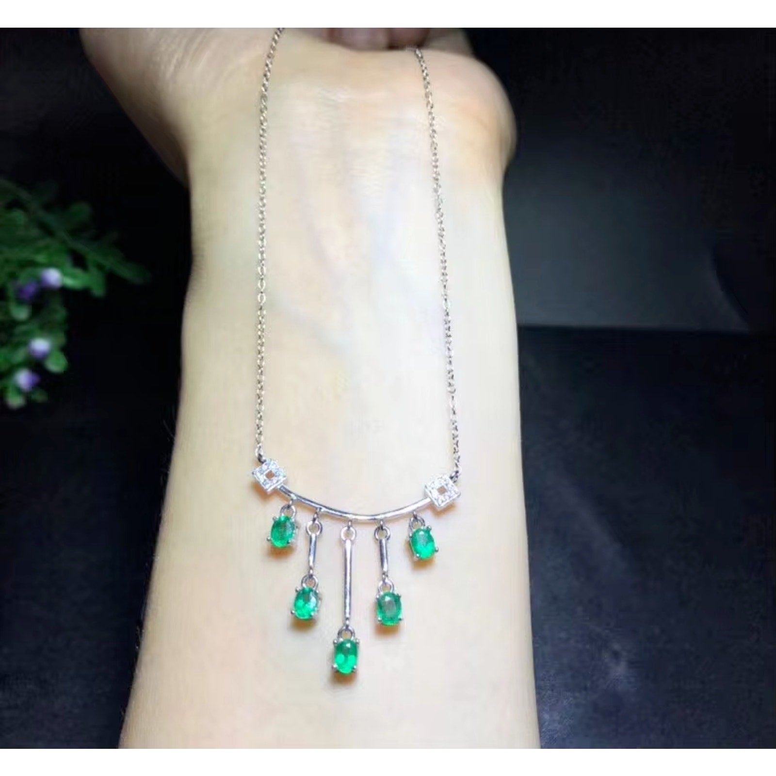 Dainty Emerald Charm Necklace, Natural Emerald Necklace Sterling Silver 3x4mm