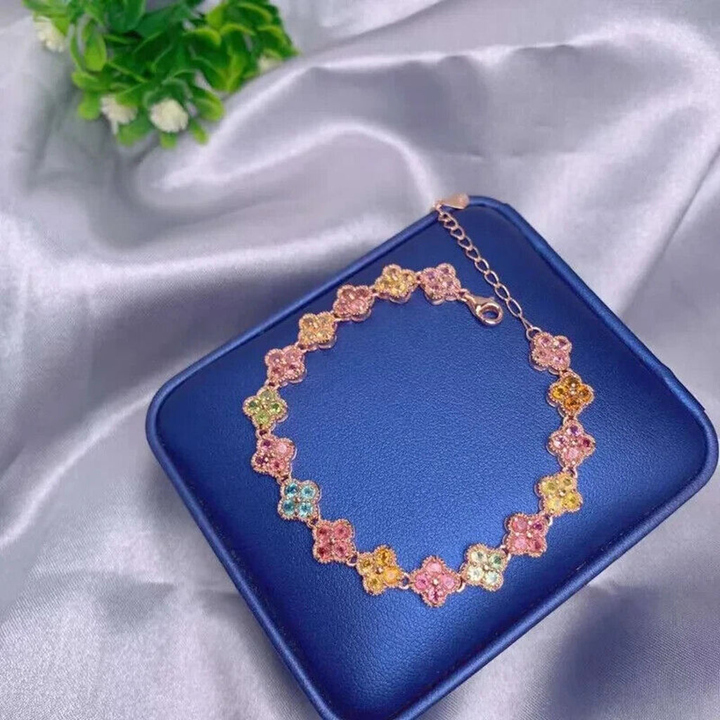 Natural Tourmaline Tennis Bracelet Rose Gold, Tourmaline Flower Bracelet
