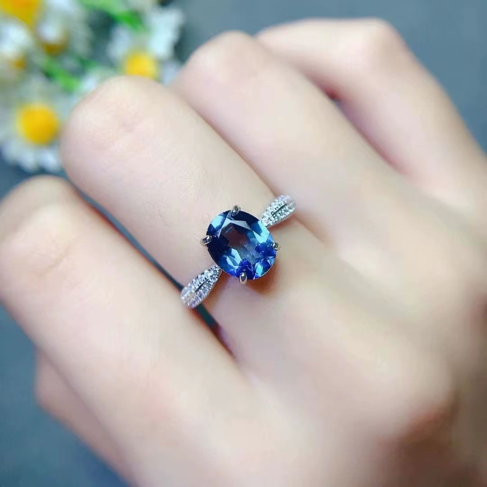 2CT Natural London Blue Topaz Gemstone Ring, London Blue Topaz Ring 8x10mm