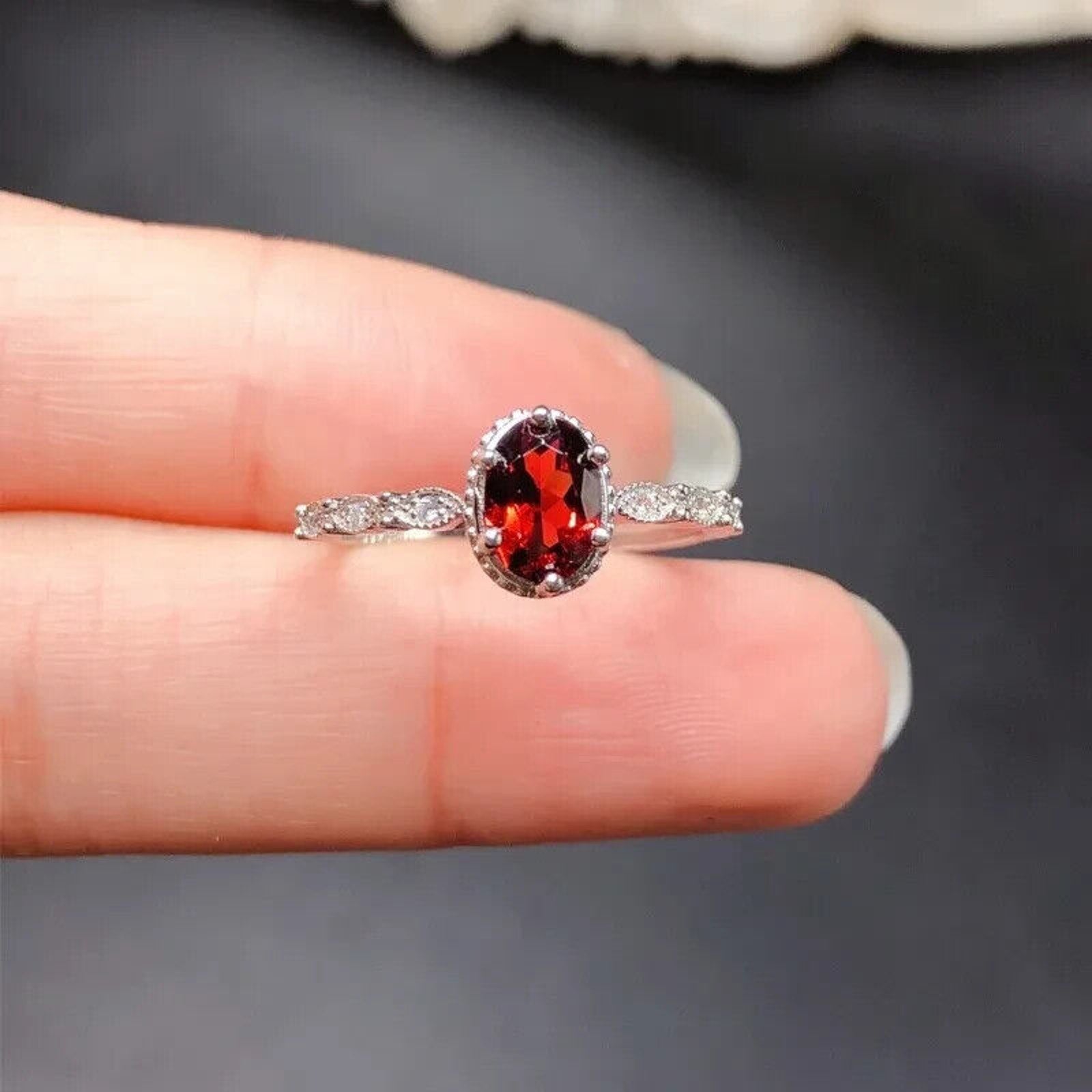Dainty Red Garnet Cocktail Ring 5x7mm Platinum Plated 925 Sterling Silver