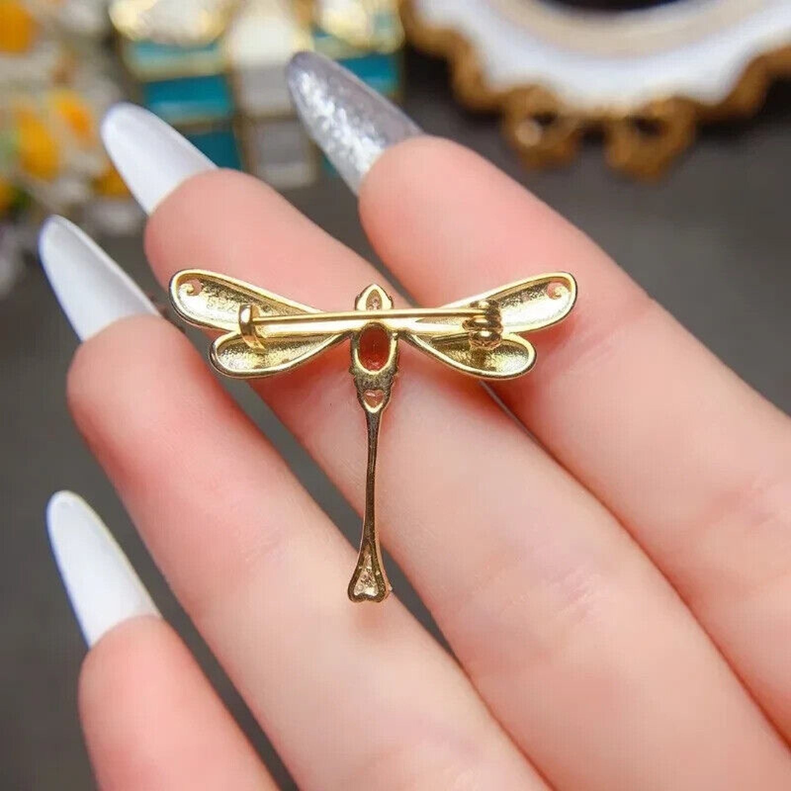 Women's Natural Garnet Dragonfly Brooch Pin, Red Garnet Brooch Pin