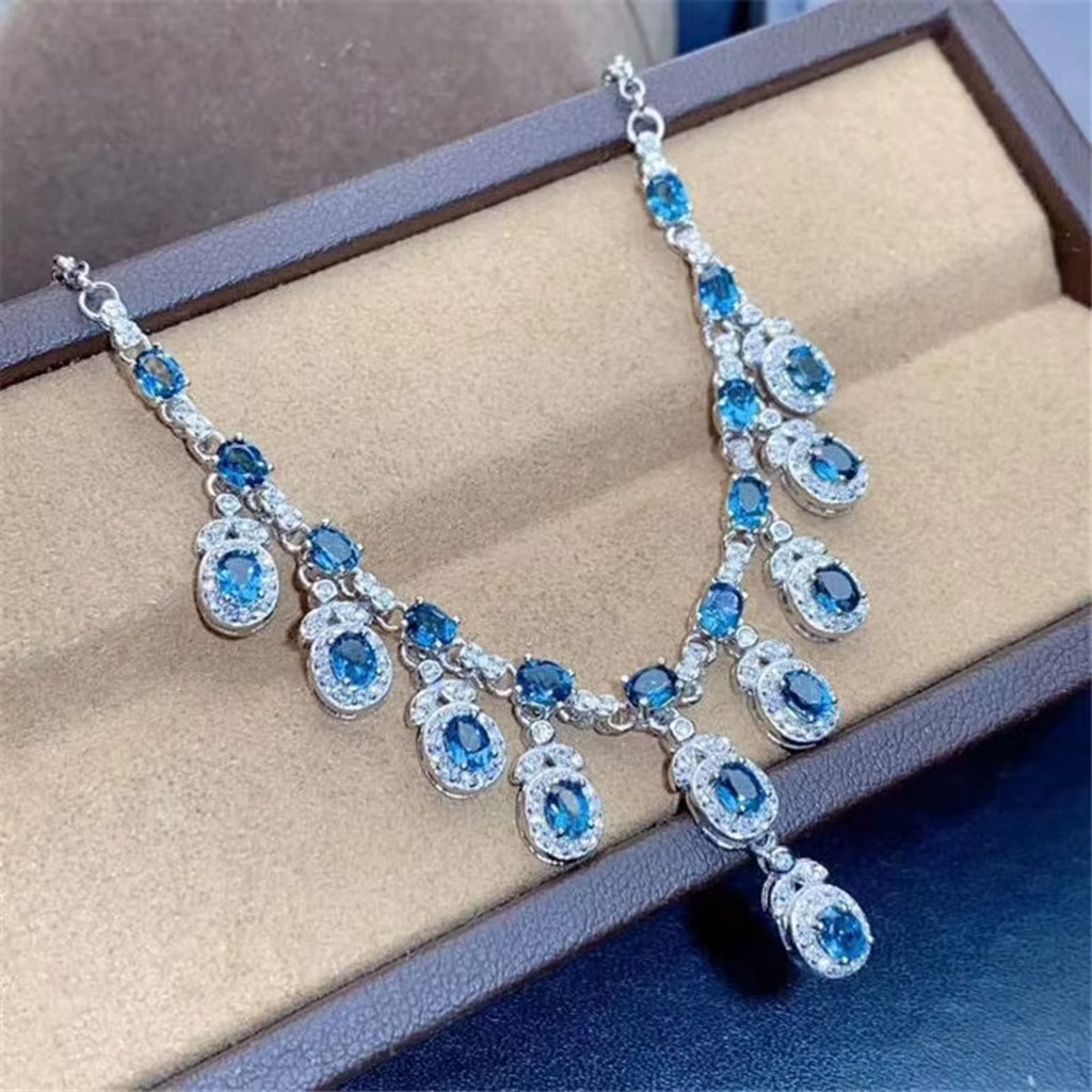 Natural London Blue Topaz Charm Necklace 925 Sterling Silver 3x4mm