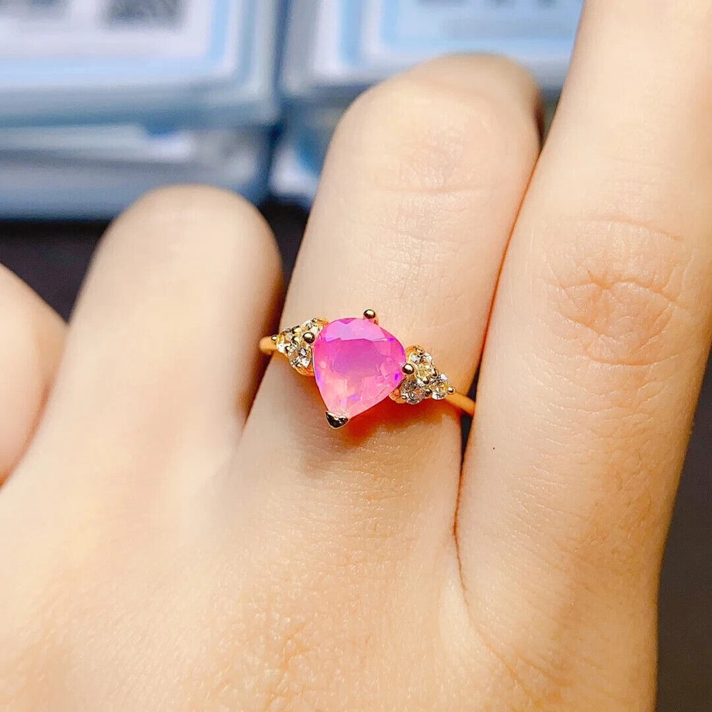 Pink Fire Opal Cluster Ring 7mm, Natural Pink Fire Opal Ring 925 Sterling
