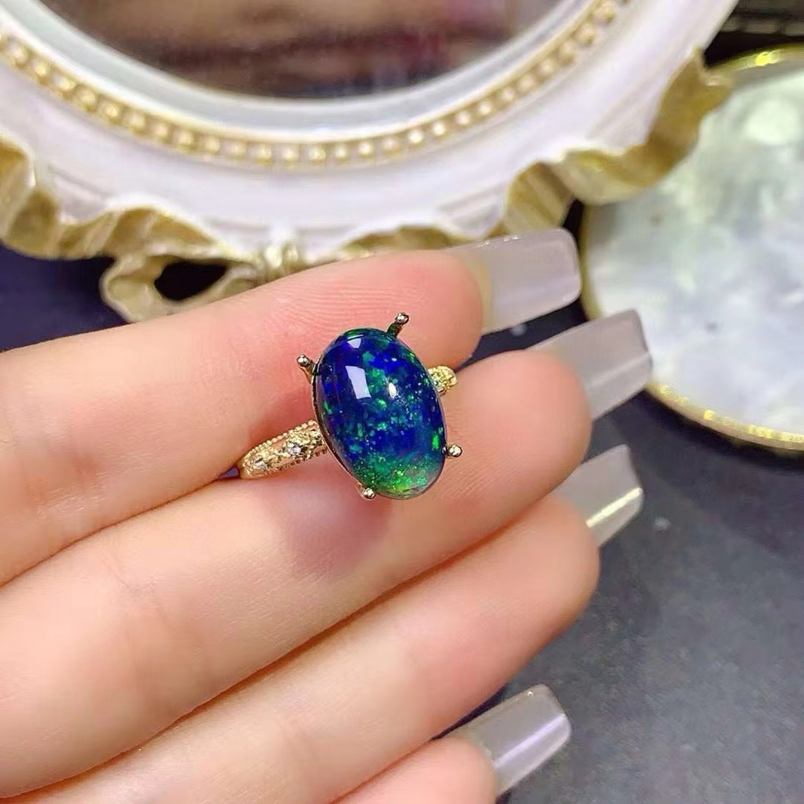 Black Opal Statement Ring, Australian Fire Opal Ring Sterling Silver 10x14mm