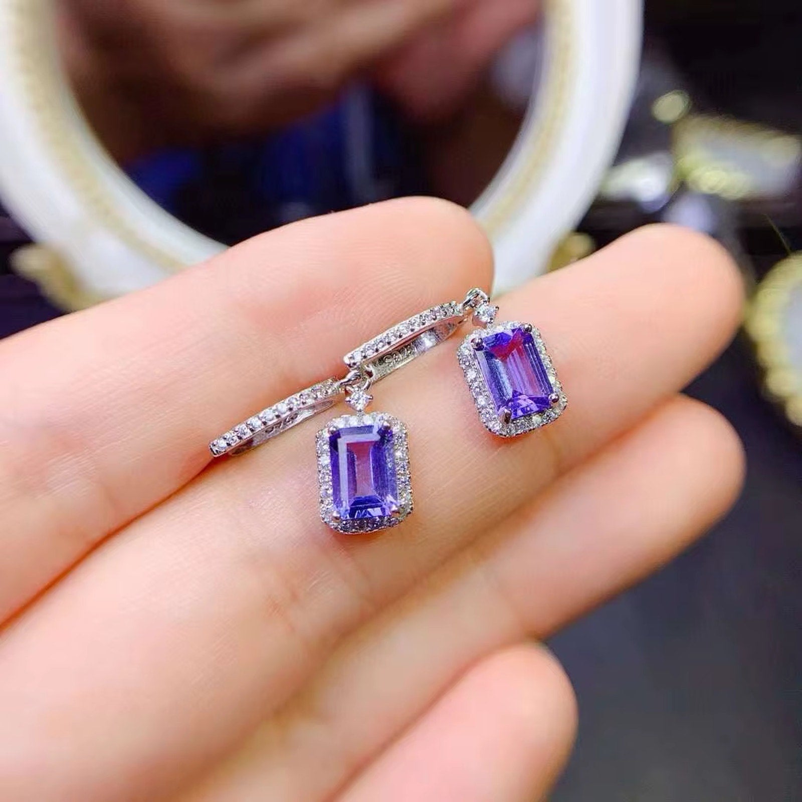 VVS Grade Purple Tanzanite Hoop Dangle Earrings 5x7mm Emerald Cut Tanzanite