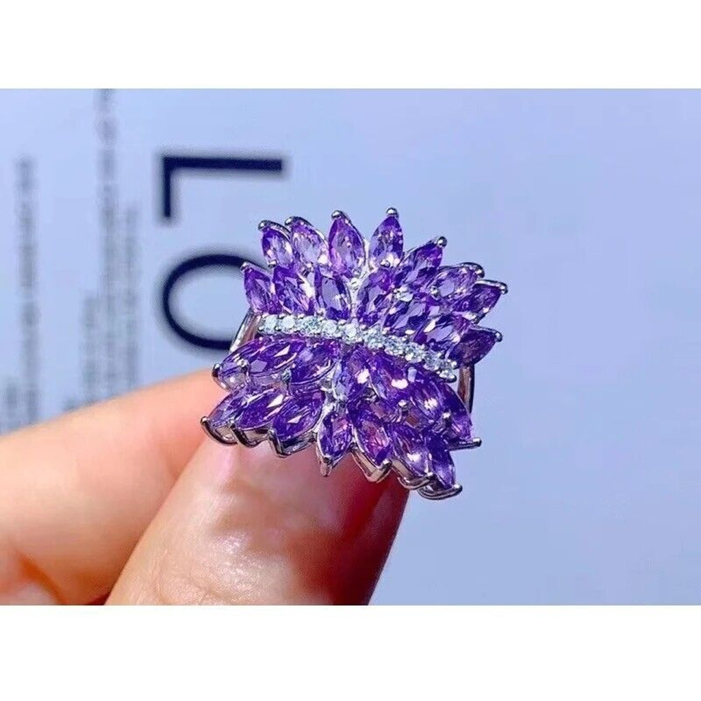 Marquise Cut Amethyst Full Finger Ring, Women's Natural Amethyst Gemstone Ring