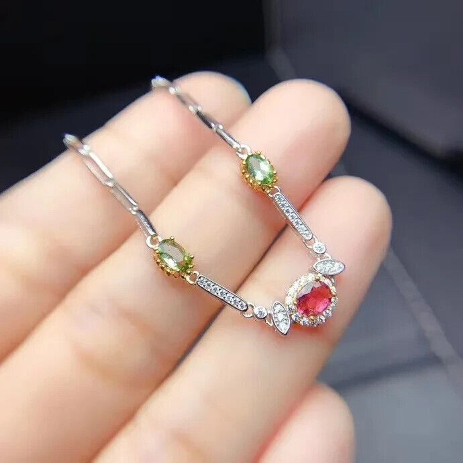 Natural Tourmaline Gemstone Paperclip Chain Bracelet, Pink and Green Tourmaline