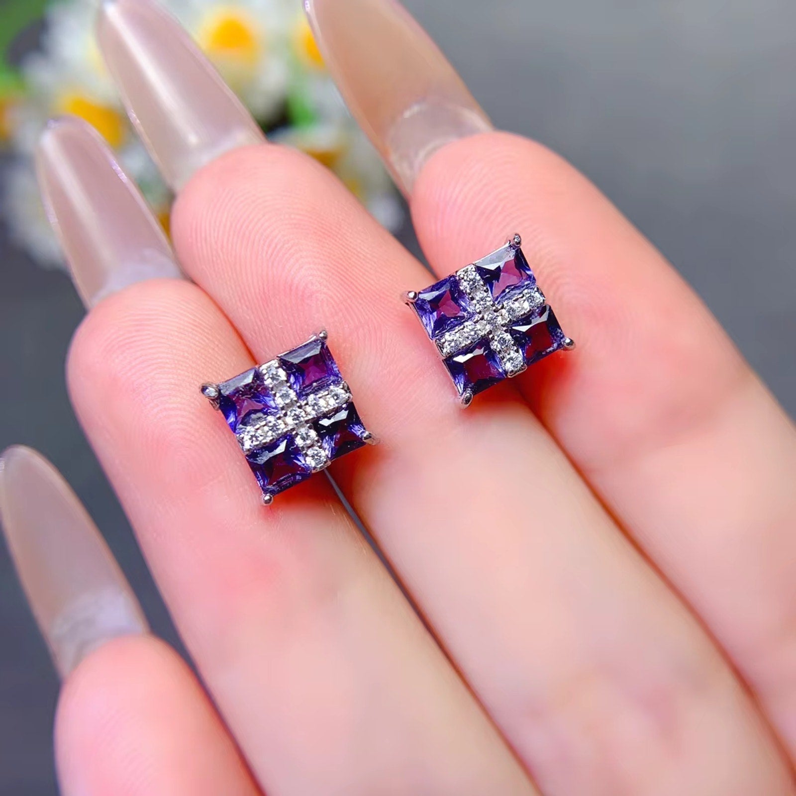 925 Sterling Silver 1.44Ct Tanzanite Square 3mm Stud Earrings Women