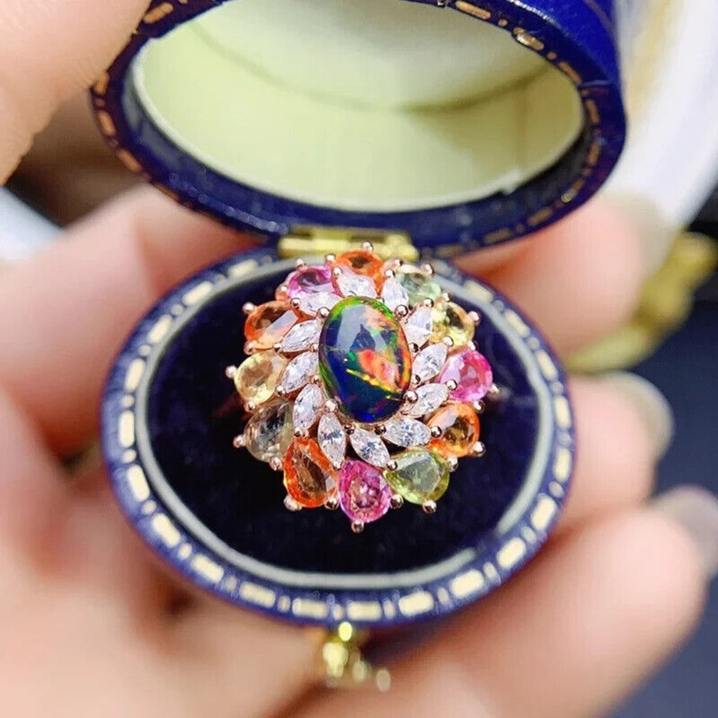 Black Fire Opal and Sapphire Cluster Statement Ring, Fire Opal and Sapphire