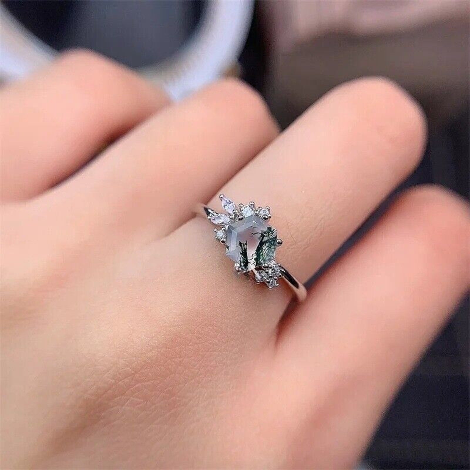 Moss Agate Gemstone Ring 925 Sterling Silver 6mm