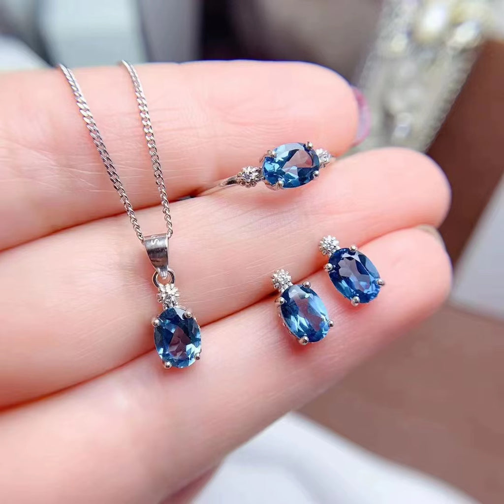 London Blue Topaz Jewelry Set Oval Cut 5x7mm 925 Sterling Silver