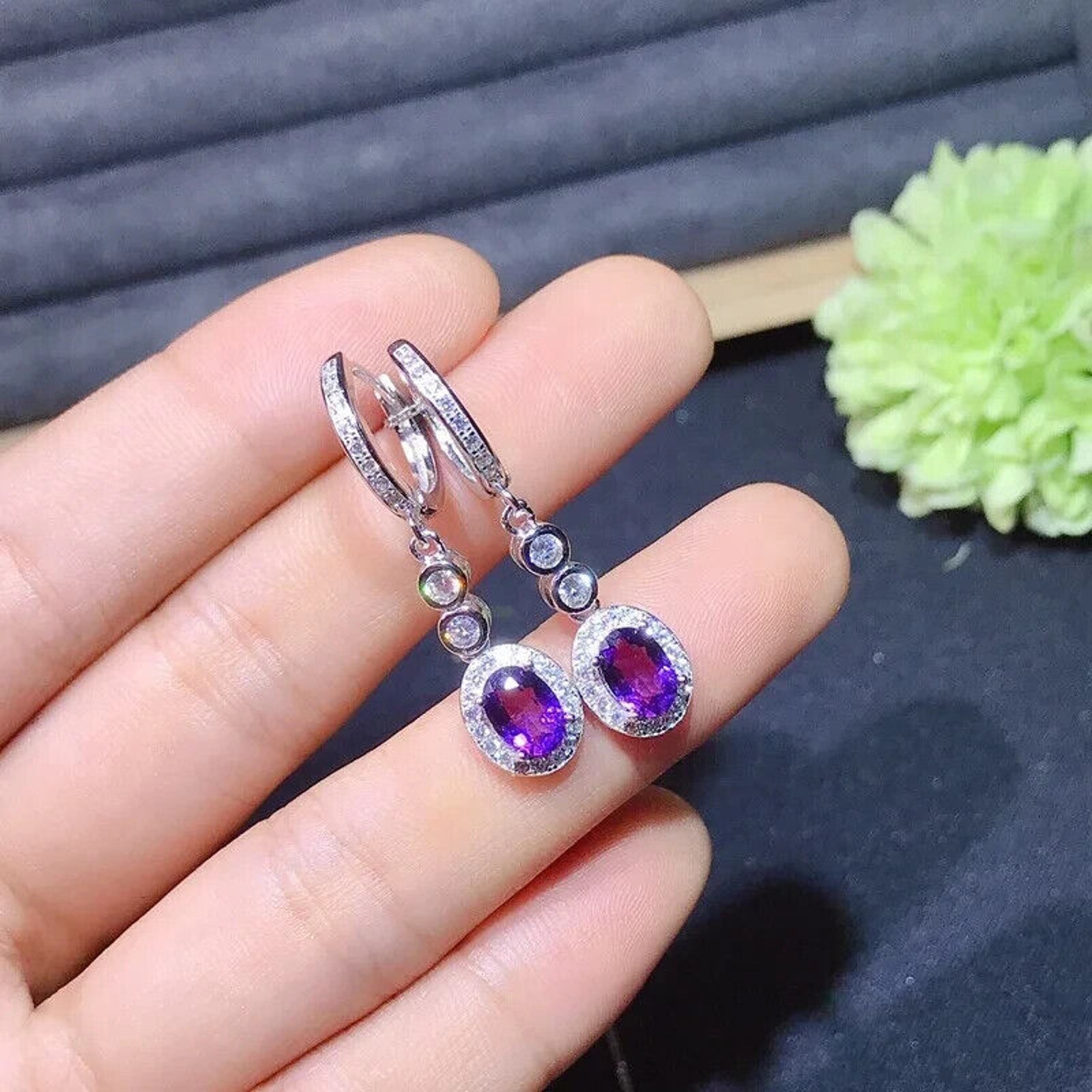 Purple Amethyst Long Dangle Earrings, Natural Purple Amethyst Long Earrings
