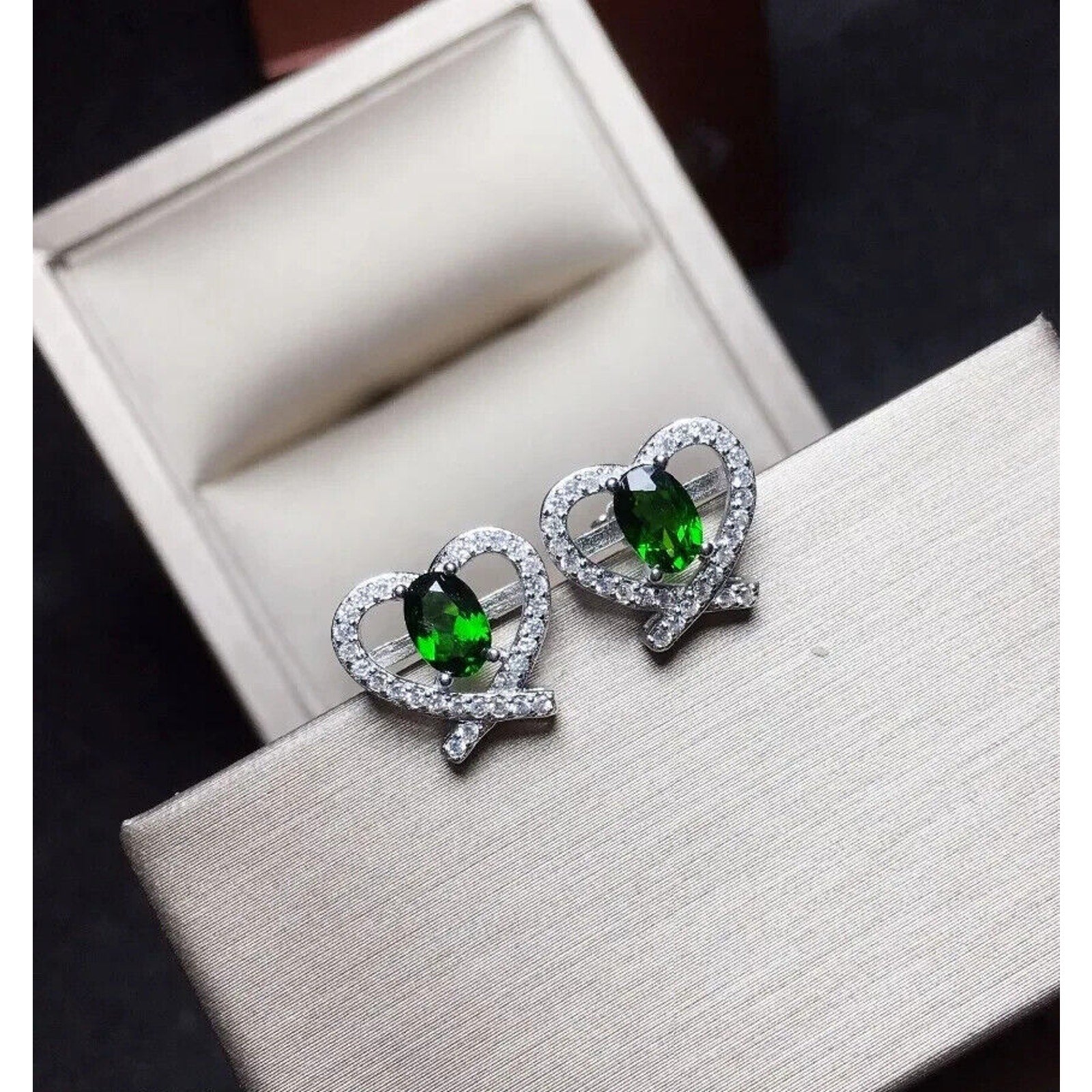 Chrome Diopside Heart Shape Stud Earrings, Natural Chrome Diopside Stud Earrings