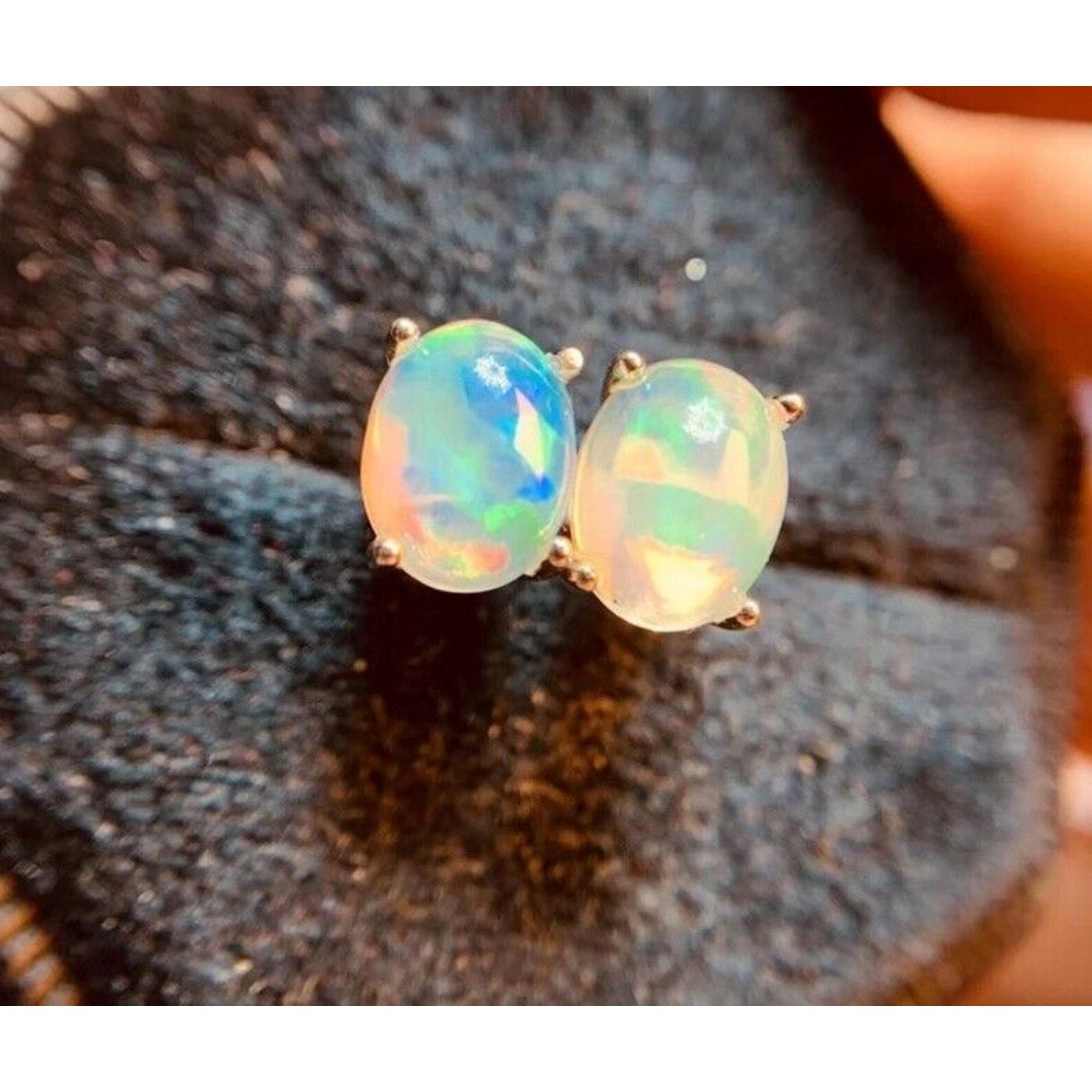 Colorful Fire Opal Stud Earrings, Natural Fire Opal Stud Earrings 6x8mm Sterling