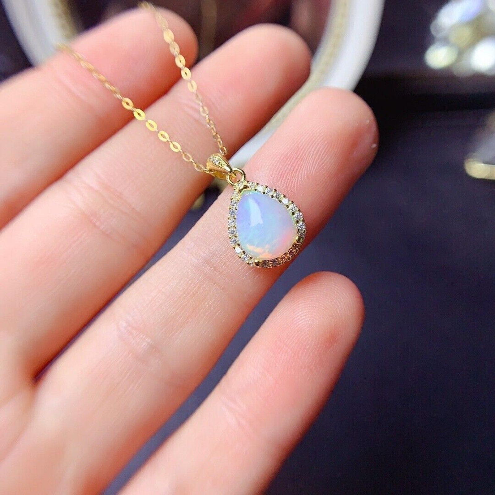 Natural Fire Opal Pear Shape Pendant Necklace, Women's Opal Pendant Necklace's