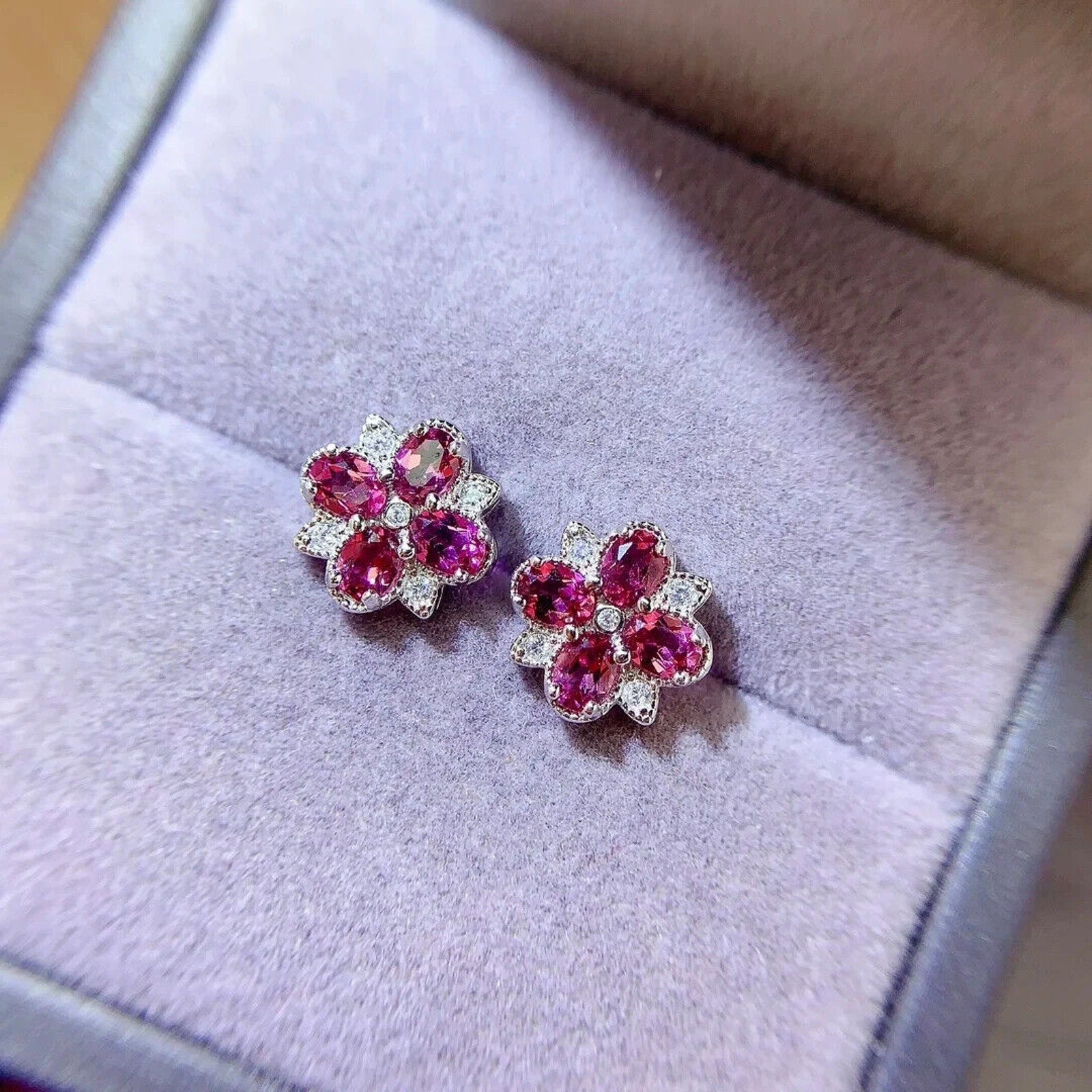 Pink Topaz Flower Cluster Earrings, Pink Topaz Stud Earrings 3x4mm 925 Sterling