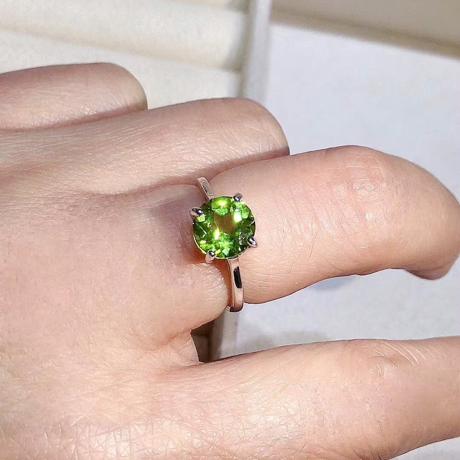 2CT Natural Peridot Birthstone Ring 8mm Platinum Plated Sterling Silver