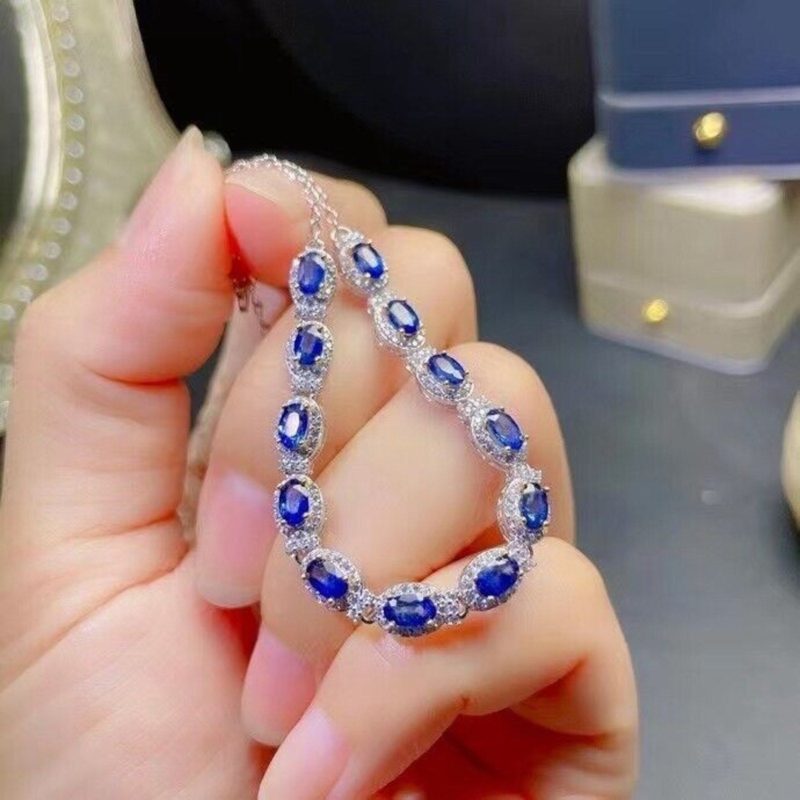 Sri Lanka Blue Sapphire Tennis Bracelet, 3x5mm Blue Sapphire Tennis Bracelet