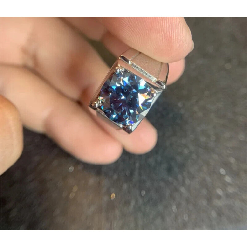 VVS1 5 CT Blue Moissanite Men's Ring, Men's Blue Moissanite Ring 11mm Sterling