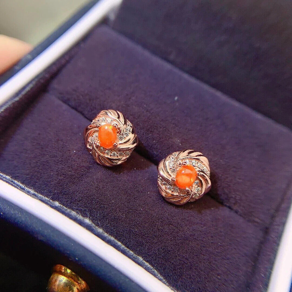 Natural Orange Fire Opal Stud Earrings 3x4mm Sterling Silver, Orange Opal