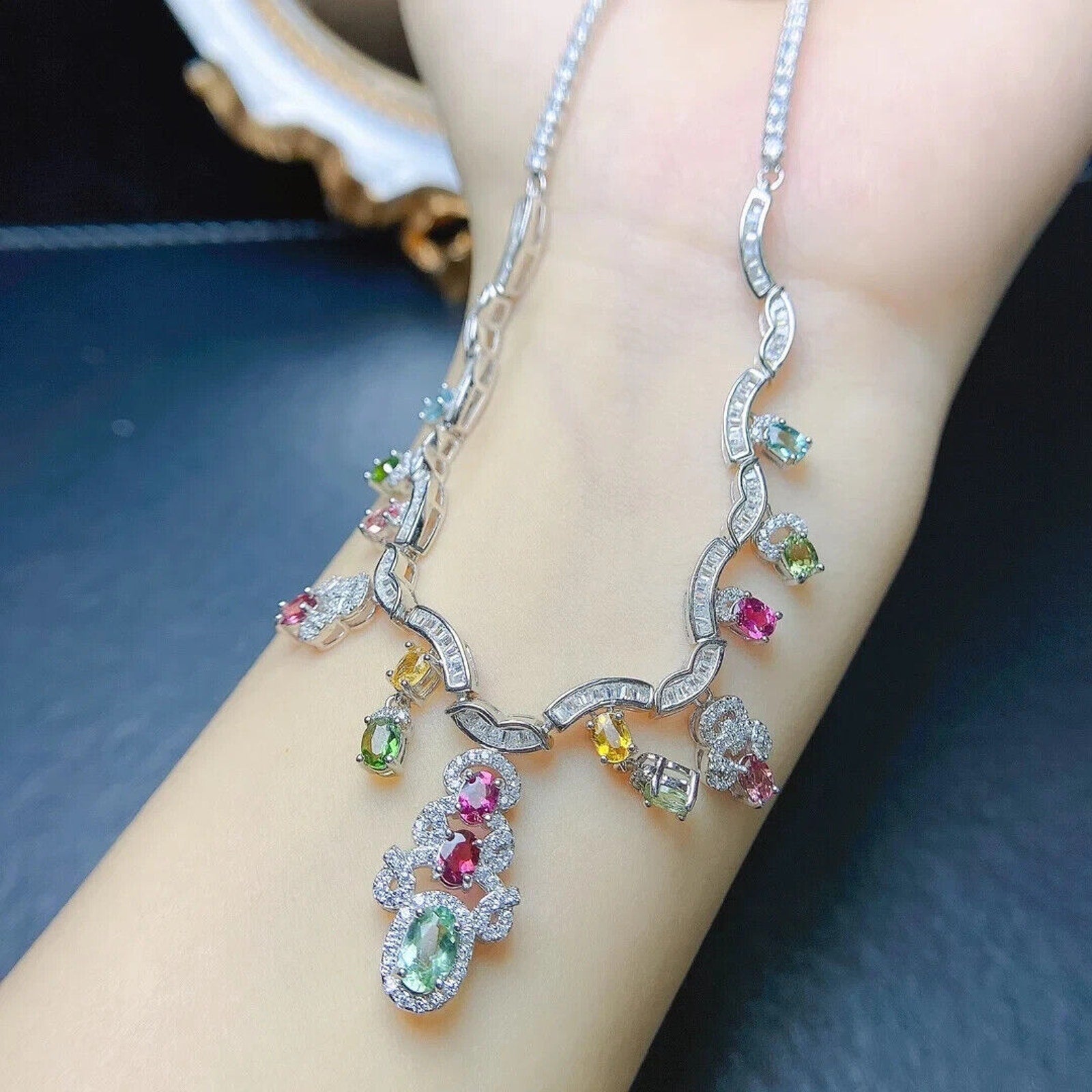 Brazilian Tourmaline Charm Necklace, Natural Tourmaline Statement Necklace