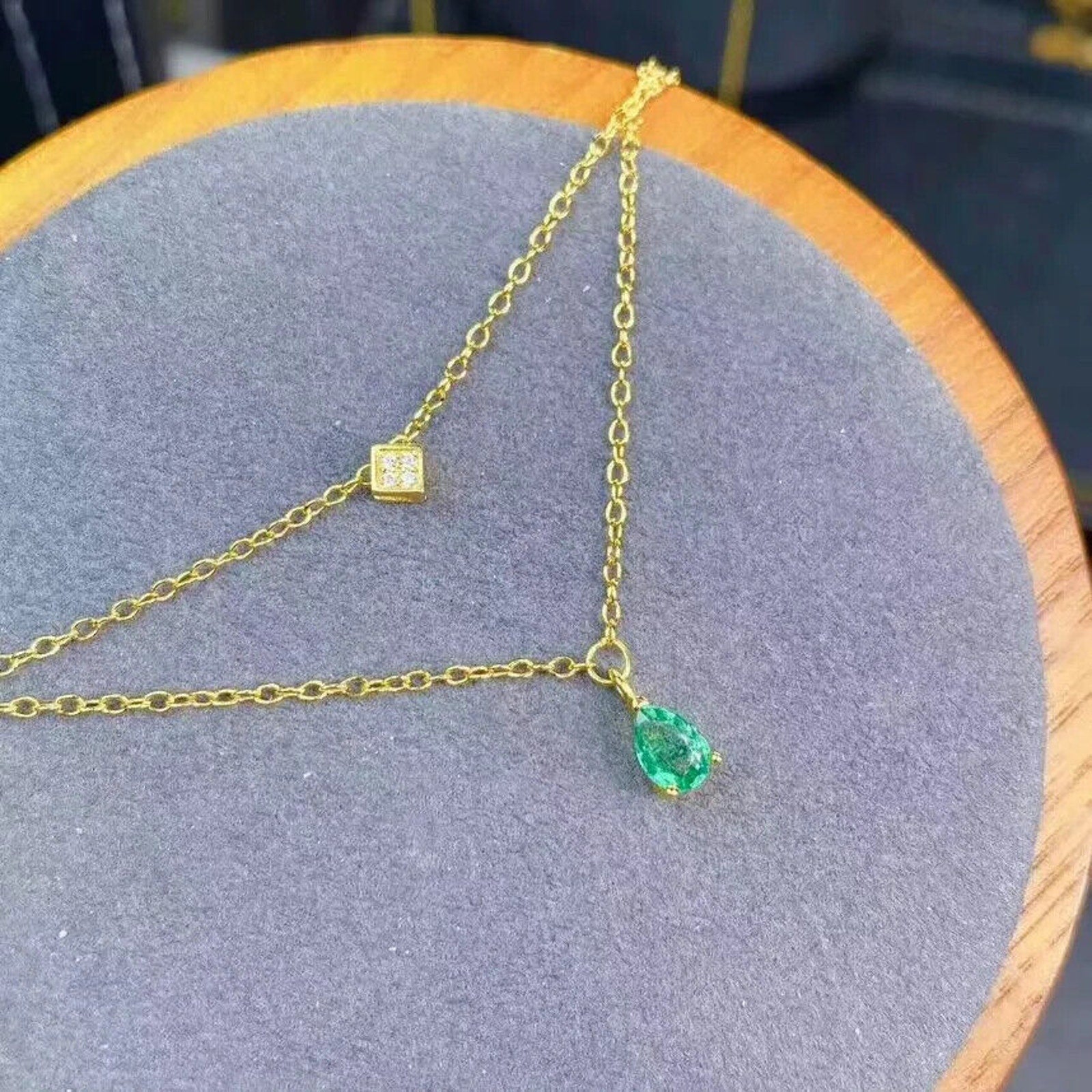 Dainty Emerald Pendant Necklace 4x6mm Gold Plated 925 Sterling Silver