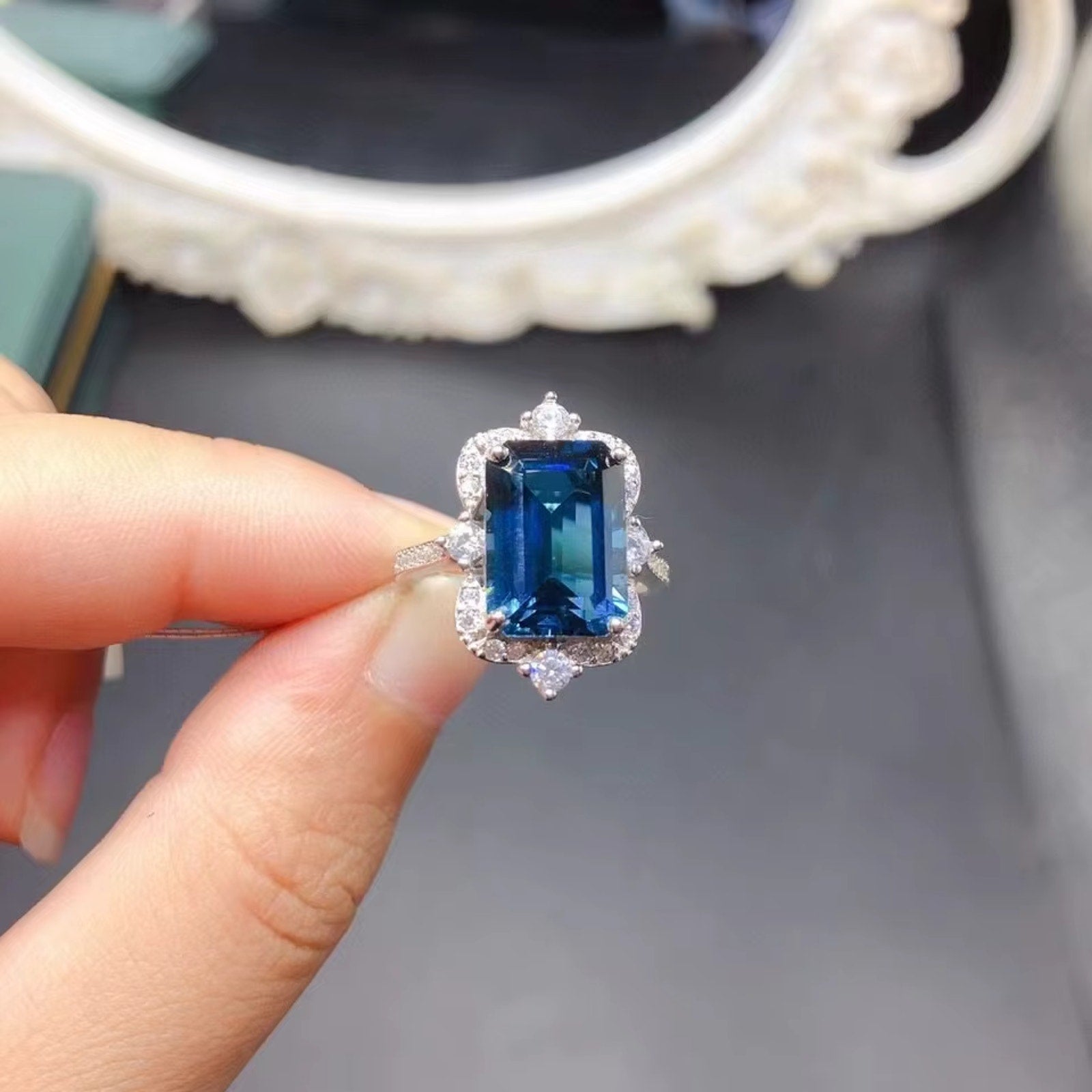 5CT Emerald Cut London Blue Topaz Ring 925 Sterling Silver VVS Grade 8x12mm