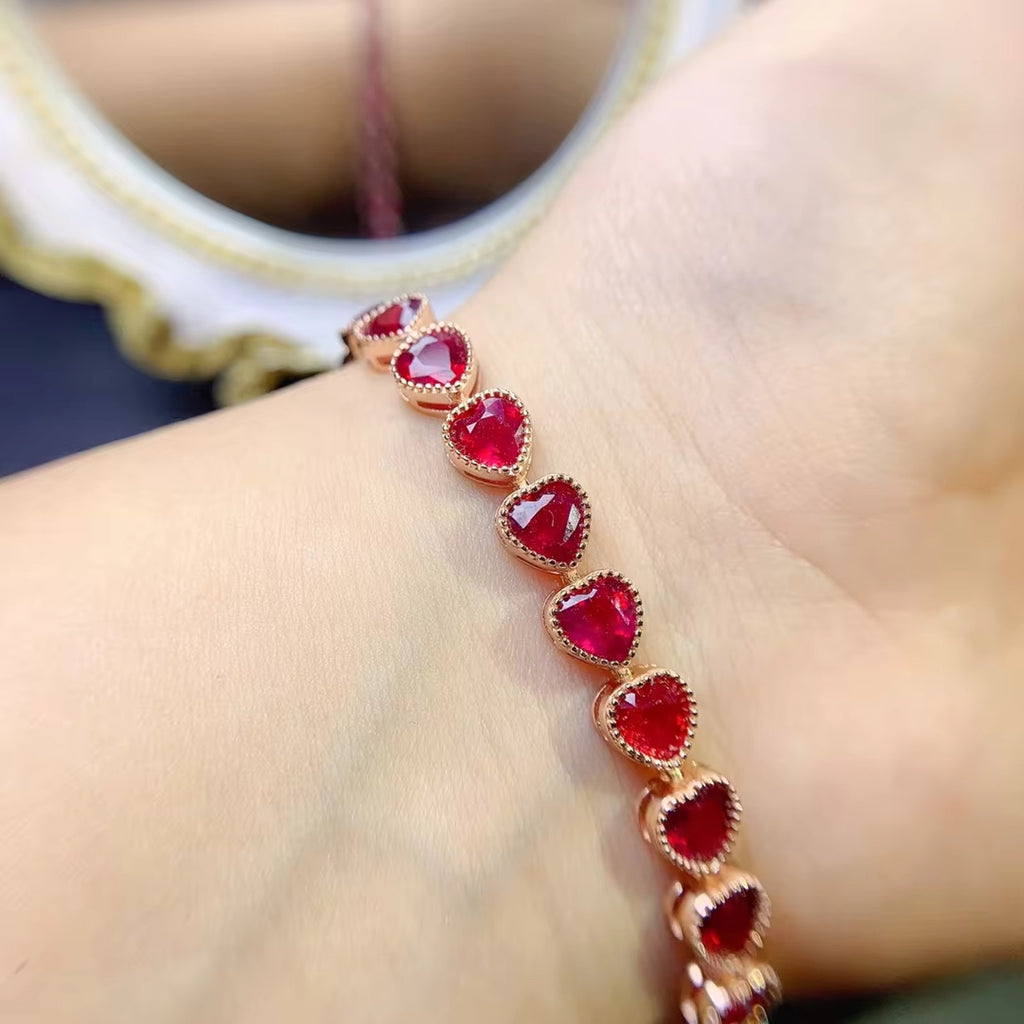 Natural Ruby Heart Bracelet, Women's Romantic Ruby Tennis Bracelet, Ruby Bracelet, Ruby Tennis Bracelet, Natural Ruby Bracelet, Genuine Ruby Bracelet, Women's Ruby Bracelets, Natural Ruby Tennis Bracelet, Bright Red Ruby Bracelet, Sterling Silver Ruby Bracelet, Gold Ruby Bracelet, Ruby Tennis Bracelets For Women, Rose Gold Ruby Bracelet, Ruby Gemstone Bracelet, July Birthstone Ruby, Women's Ruby Jewelry