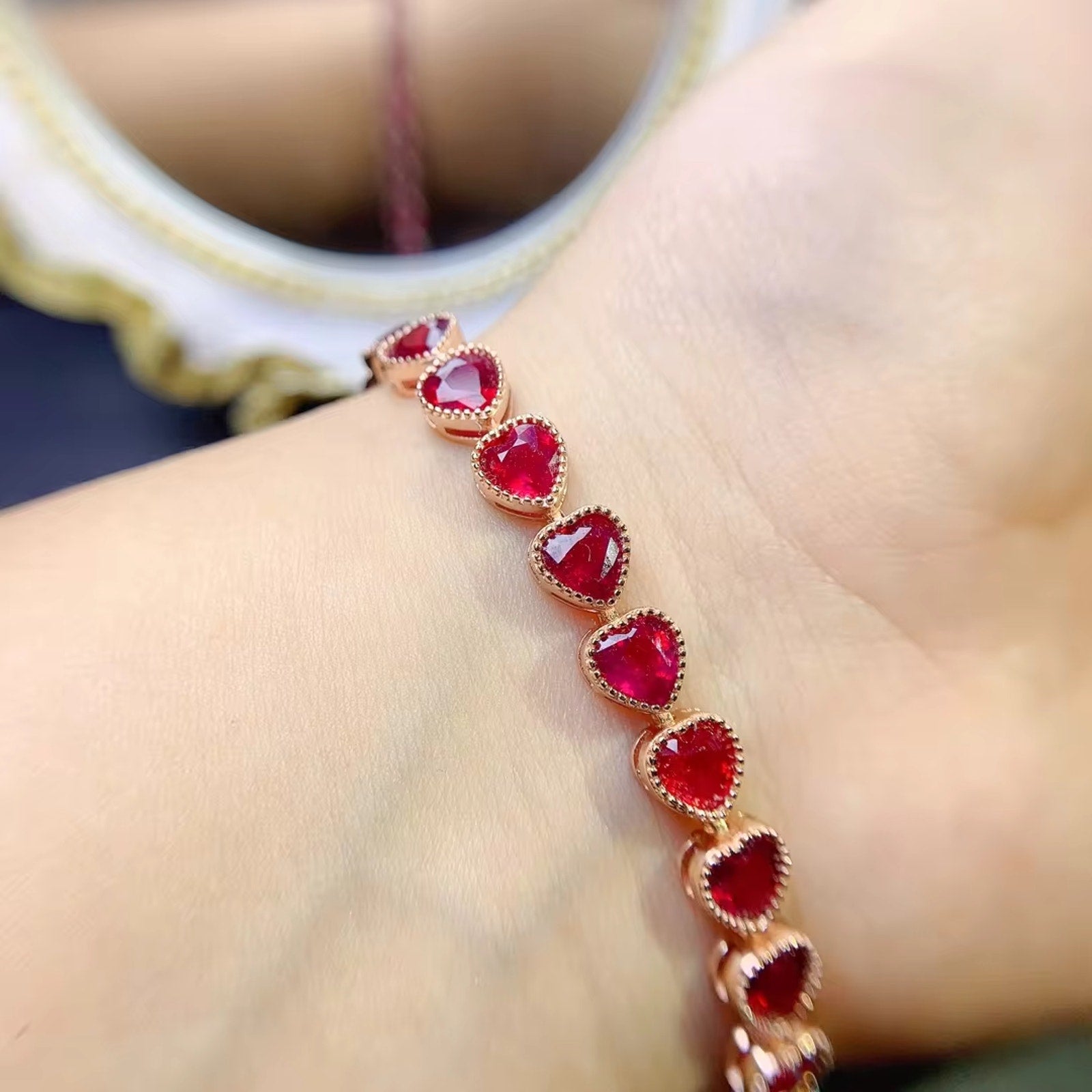 Natural Ruby Heart Bracelet, Women's Romantic Ruby Tennis Bracelet, Ruby Bracelet, Ruby Tennis Bracelet, Natural Ruby Bracelet, Genuine Ruby Bracelet, Women's Ruby Bracelets, Natural Ruby Tennis Bracelet, Bright Red Ruby Bracelet, Sterling Silver Ruby Bracelet, Gold Ruby Bracelet, Ruby Tennis Bracelets For Women, Rose Gold Ruby Bracelet, Ruby Gemstone Bracelet, July Birthstone Ruby, Women's Ruby Jewelry
