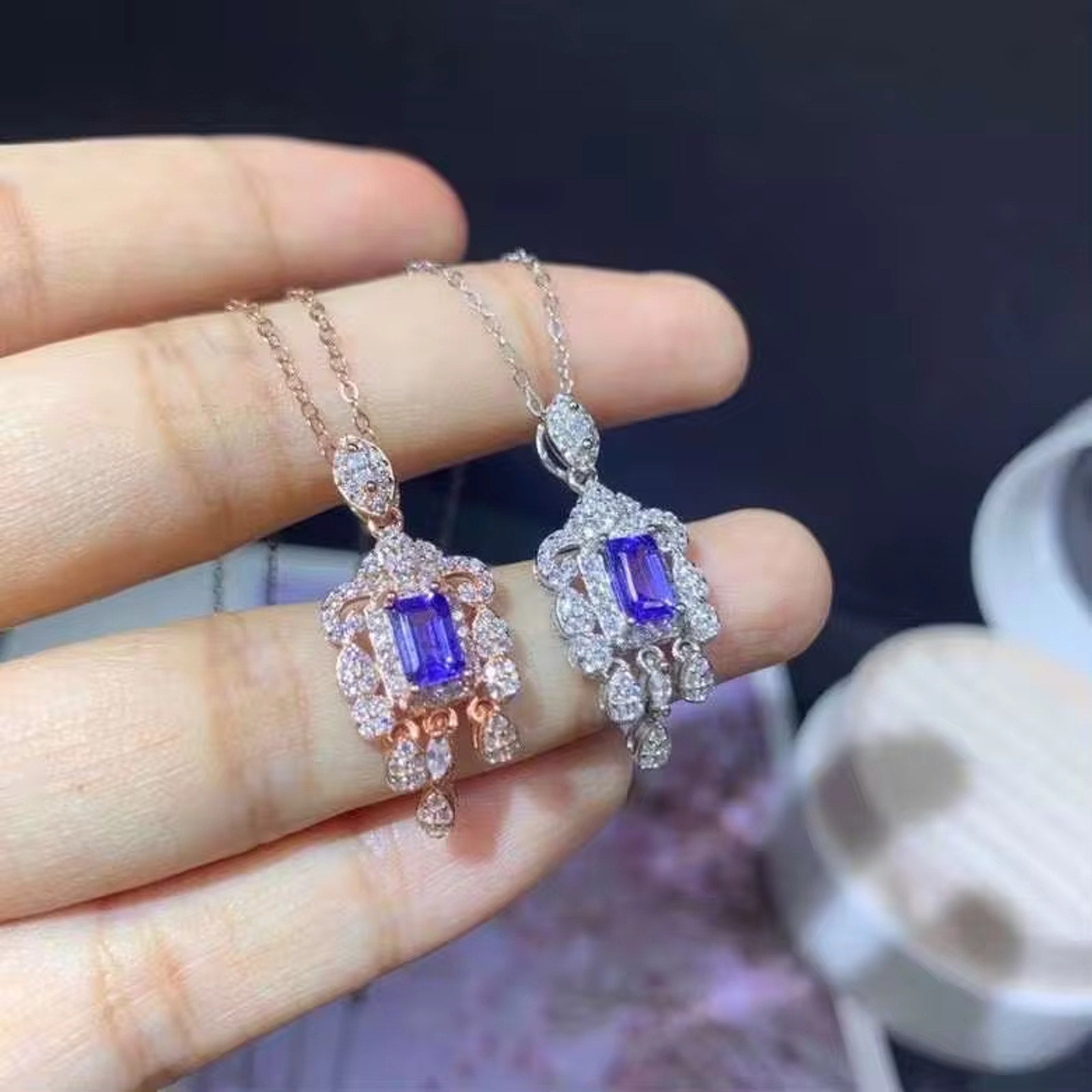 Tanzanite Pendant Necklace, Natural Purple Tanzanite Gemstone Necklace 4x6mm