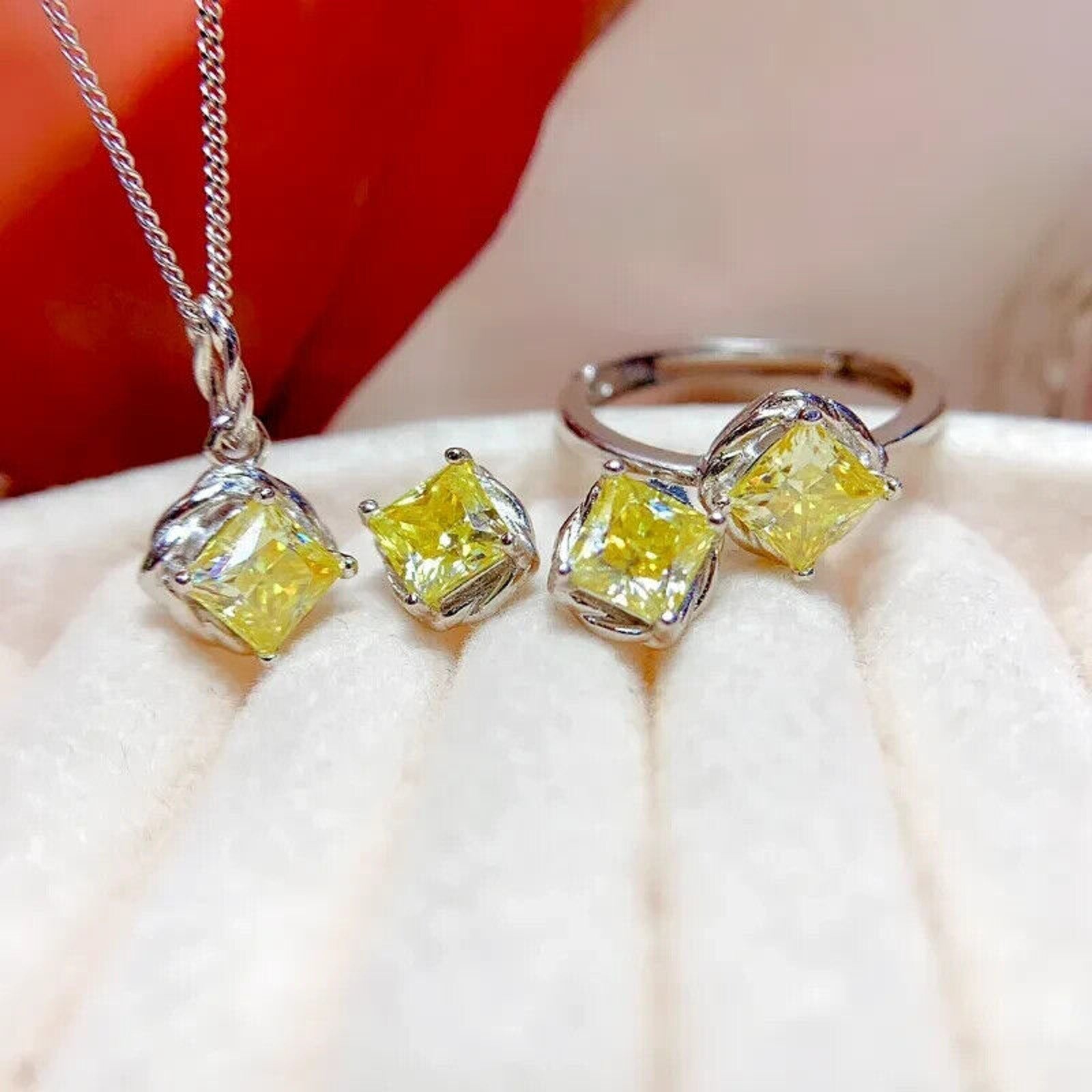 1 CT Yellow Moissanite Jewelry Set, Women's Light Yellow Moissanite Jewelry