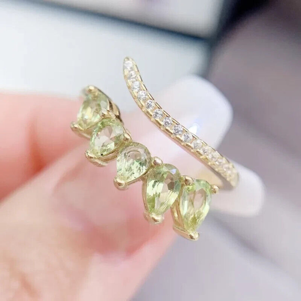 Natural Peridot Gemstone Pear Cut Band Ring, August Birthstone Peridot Ring