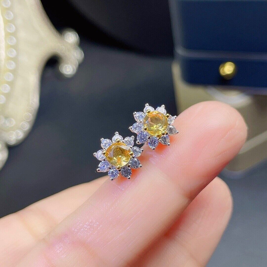 5x5mm Natural Citrine Flower Earrings, Genuine Citrine Stud Earrings Sterling