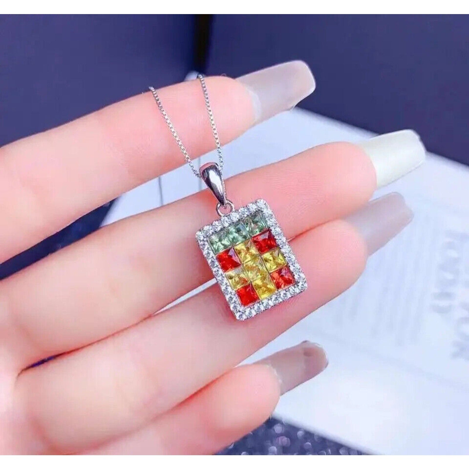 Multicolor Natural Sapphire Pendant Necklace, Sapphire Pendant Necklace 3mm